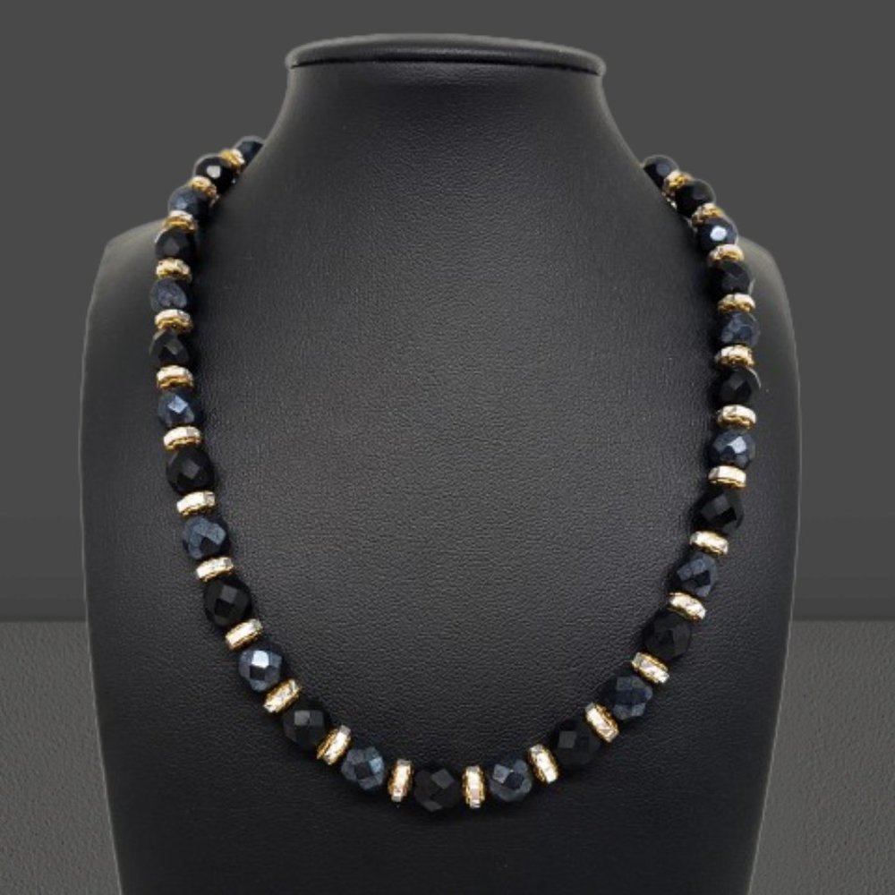 Black Beaded Rhinestone Gold Tone Adjustable Necklace